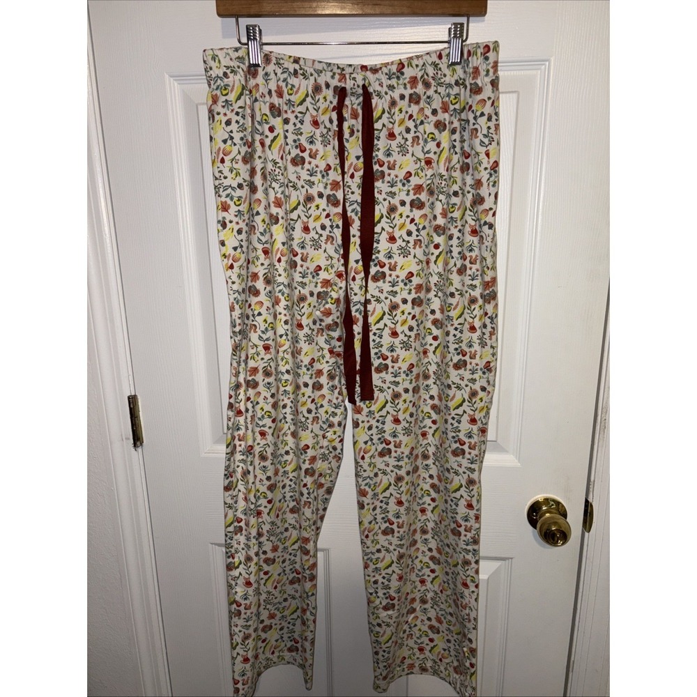 Lands End Pajama Pants Wmns Sz L Cream Color With Squirrels Turkey Fox Sunflower